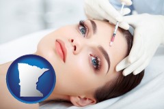 minnesota map icon and beautiful woman receiving a facial injection