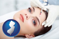 new-jersey map icon and beautiful woman receiving a facial injection