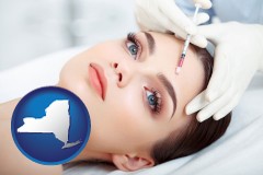 new-york map icon and beautiful woman receiving a facial injection