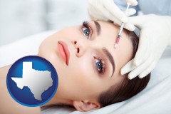 texas map icon and beautiful woman receiving a facial injection